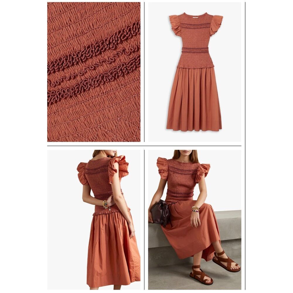 NWT Ulla Johnson Handmade Madeline Midi Dress Smocked‎ Cotton Poplin Clay Size 6